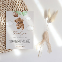 テディベア、緑のバルーン、最初の誕生日 サンキューカード