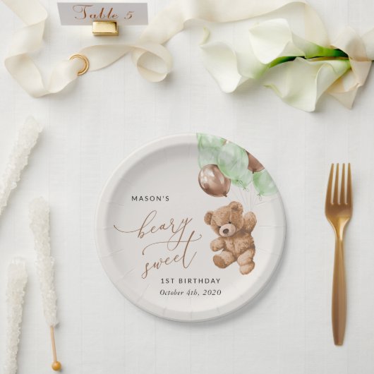 テディベア、緑のバルーン、最初の誕生日 ペーパープレート (ウェディング)
