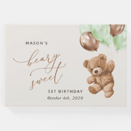 テディベア、緑の風船、初めての誕生日 ゲストブック