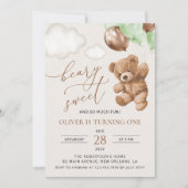 テディベア 緑の風船 初誕生日 招待状 (正面)