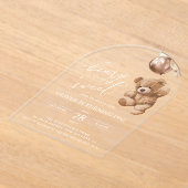 テディベア、茶色のバルーン、最初の誕生日 アクリル招待状 (レイダウン)