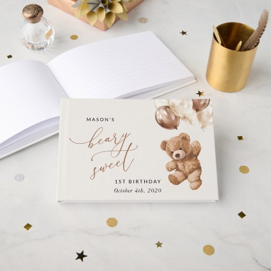 テディベア、茶色のバルーン、最初の誕生日 ゲストブック (正面見開き)