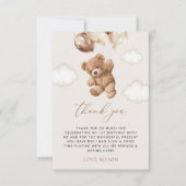 テディベア、茶色のバルーン、最初の誕生日 サンキューカード (正面)