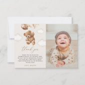 テディベア、茶色のバルーン、最初の誕生日 サンキューカード (正面)