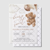 テディベア、茶色のバルーン、最初の誕生日 ベラム紙招待状 (オフセット (招待状))