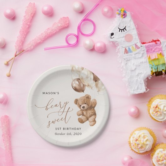 テディベア、茶色のバルーン、最初の誕生日 ペーパープレート (パーティー)