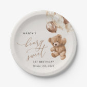 テディベア、茶色のバルーン、最初の誕生日 ペーパープレート (正面)
