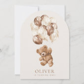 テディベア、茶色のバルーン、最初の誕生日 招待状 (裏面)