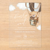 テディベア、茶色のホットエアバルーン、ベビーシャワー アクリル招待状 (正面)