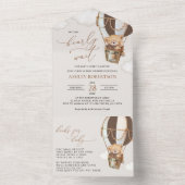 テディベア、茶色のホットエアバルーン、ベビーシャワー オールインワン招待状 (内側)