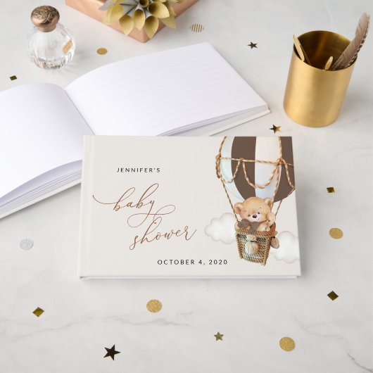 テディベア、茶色のホットエアバルーン、ベビーシャワー ゲストブック (正面見開き)