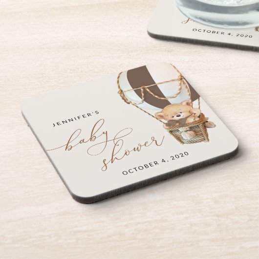 テディベア、茶色のホットエアバルーン、ベビーシャワー コースター (左側)