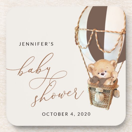 テディベア、茶色のホットエアバルーン、ベビーシャワー コースター (正面)