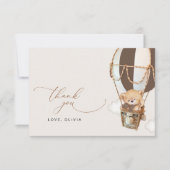 テディベア、茶色のホットエアバルーン、ベビーシャワー サンキューカード (正面)