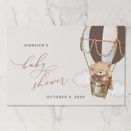 テディベア、茶色のホットエアバルーン、ベビーシャワー ペーパーパッド (正面)