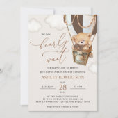 テディベア、茶色のホットエアバルーン、ベビーシャワー 招待状 (正面)