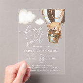 テディベア、茶色の熱気球、最初の誕生日 アクリル招待状 (インサイチュ (ポータブル))