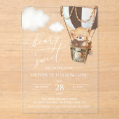 テディベア、茶色の熱気球、最初の誕生日 アクリル招待状 (正面)