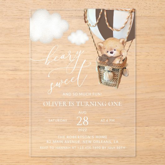 テディベア、茶色の熱気球、最初の誕生日 アクリル招待状 (正面)