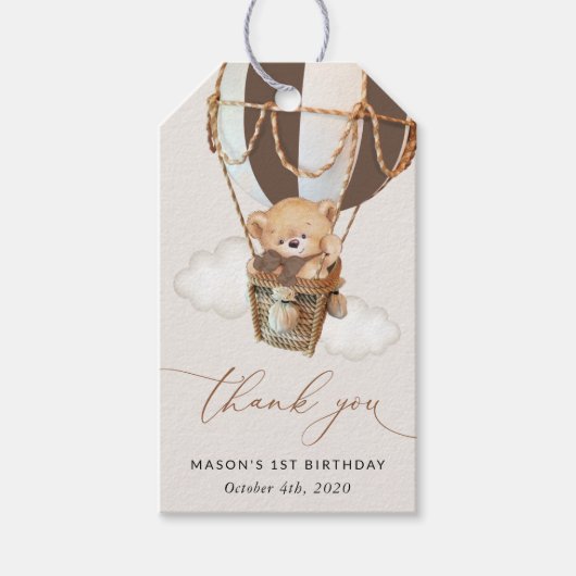 テディベア、茶色の熱気球、最初の誕生日 ギフトタグ (正面)