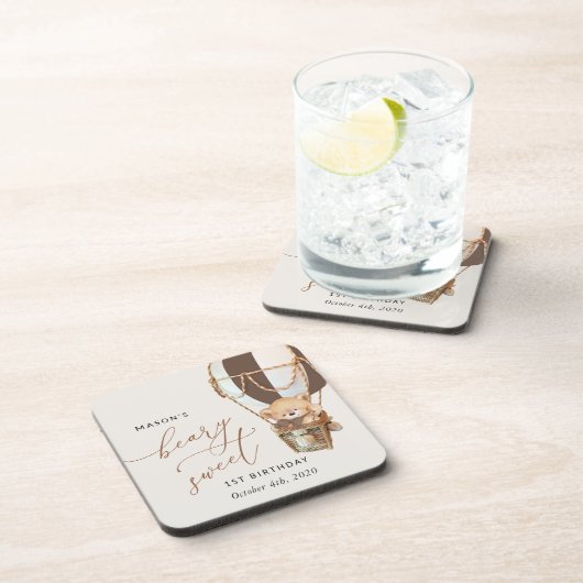 テディベア、茶色の熱気球、最初の誕生日 コースター (右側)