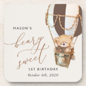 テディベア、茶色の熱気球、最初の誕生日 コースター (正面)