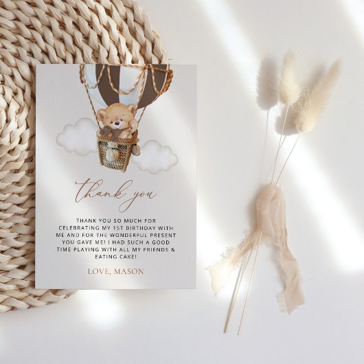 テディベア、茶色の熱気球、最初の誕生日 サンキューカード