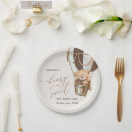 テディベア、茶色の熱気球、最初の誕生日 ペーパープレート