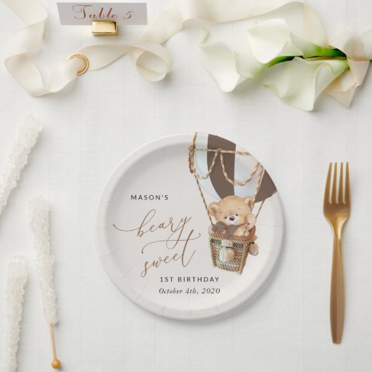 テディベア、茶色の熱気球、最初の誕生日 ペーパープレート (ウェディング)
