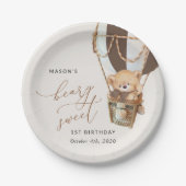 テディベア、茶色の熱気球、最初の誕生日 ペーパープレート (正面)