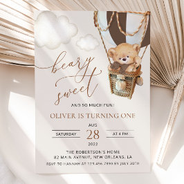 テディベア、茶色の熱気球、最初の誕生日 招待状