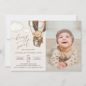 テディベア、茶色の熱気球、最初の誕生日 招待状 (正面)