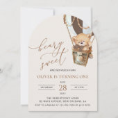 テディベア、茶色の熱気球、最初の誕生日 招待状 (正面)