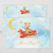 テディベア 赤い飛行機 赤ちゃん 星の男の子 シャワー 招待状 (正面/裏面)