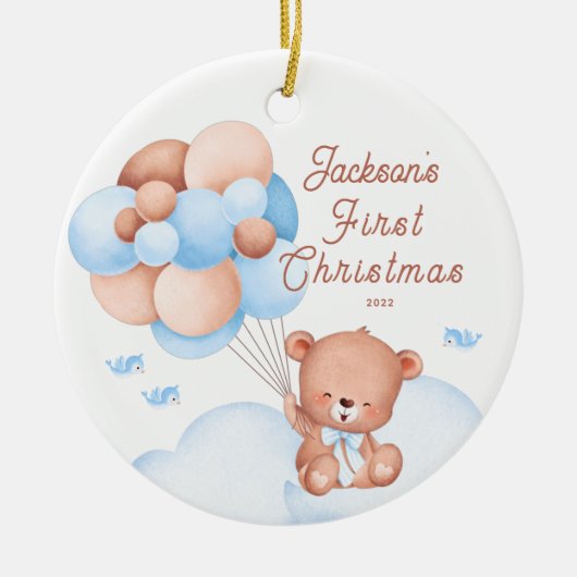 テディベア 赤ちゃんの初めてのクリスマス セラミックオーナメント (正面)