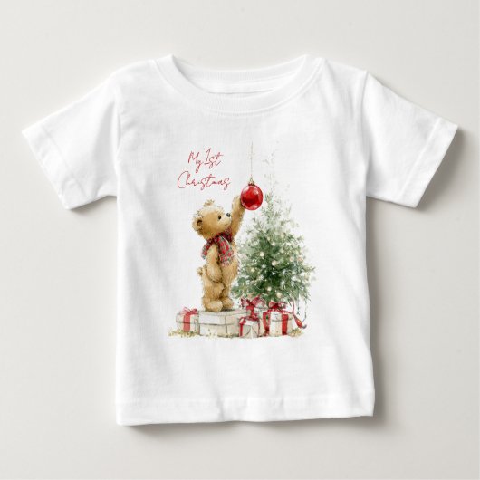 テディベア 赤ちゃんの初めてのクリスマス ベビーTシャツ (正面)