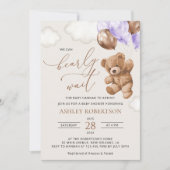 テディベア, 赤ちゃんクマ, 紫風船, ベビーシャワー 招待状 (正面)