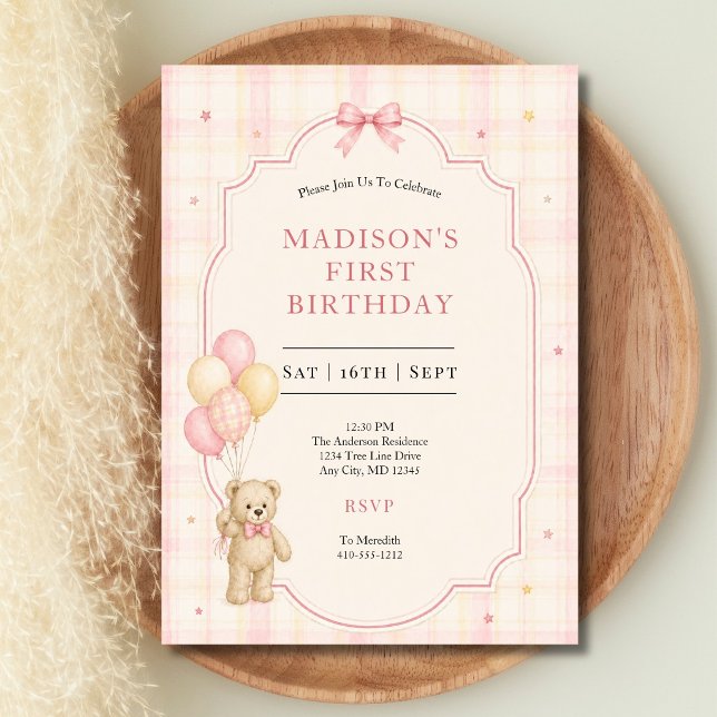 テディベア 赤ちゃん 女の子 1歳の誕生日 招待状 (Pink Yellow Plaid Girl Teddy Bear 1st Birthday Invitation. Printed or Digital)