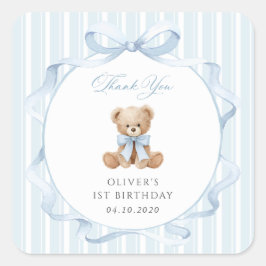 テディベア、青いリボン、青いストライプ、1歳の誕生日 スクエアシール