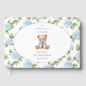 テディベア、青いリボン、青い花、1歳の誕生日 ゲストブック (正面)