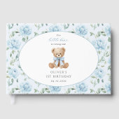 テディベア、青いリボン、青い花、1歳の誕生日 ゲストブック (正面)