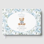 テディベア、青いリボン、青い花、1歳の誕生日 ゲストブック (正面)