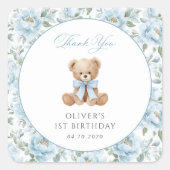 テディベア、青いリボン、青い花、1歳の誕生日 スクエアシール (正面)