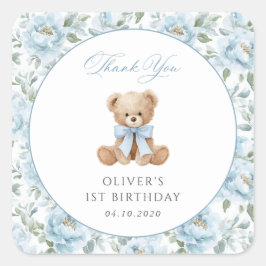 テディベア、青いリボン、青い花、1歳の誕生日 スクエアシール
