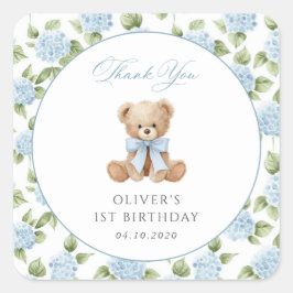 テディベア、青いリボン、青い花、1歳の誕生日 スクエアシール
