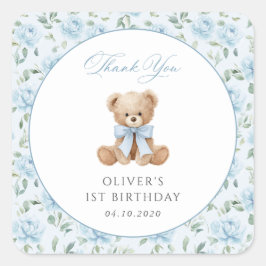 テディベア、青いリボン、青い花、1歳の誕生日 スクエアシール