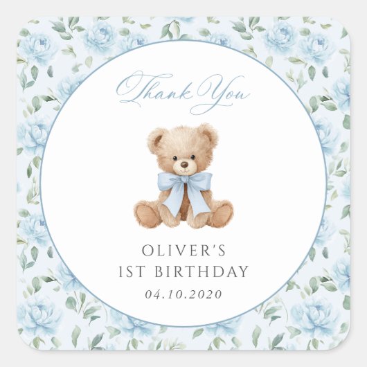 テディベア、青いリボン、青い花、1歳の誕生日 スクエアシール (正面)