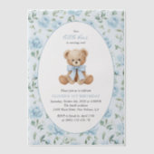 テディベア、青いリボン、青い花、1歳の誕生日 ベラム紙招待状 (正面)