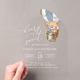 テディベア、青い熱気球、1歳の誕生日 アクリル招待状