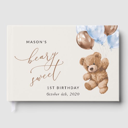 テディベア、青い風船、初めての誕生日 ゲストブック (正面)